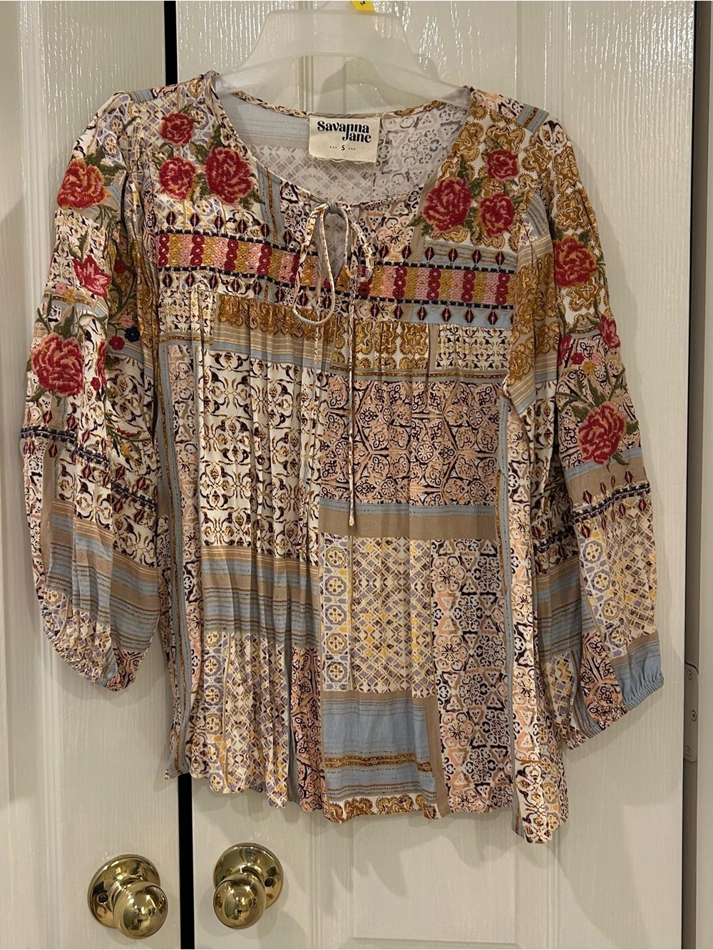 Savanna Jane Patchwork style Floral Peasant Blouse Small S Boho Bohemian